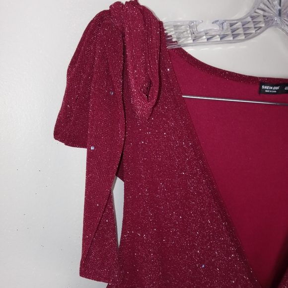 NWOT SHEIN Curve V Neck Dress w/ Tie Shoulder detail in Glitter Burgundy Sz. 4XL - Picture 4 of 14